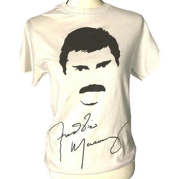 Freddie Mercury Tops - Freddie Mercury Queen Stashe Tee Shirt Small White Black Autograph Print 80s 90s